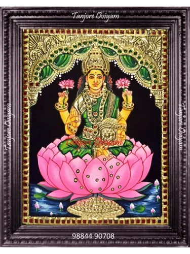 Mahalakshmi on a Lotus Tanjore painting seated pink lotus lion throne gold foil artwork